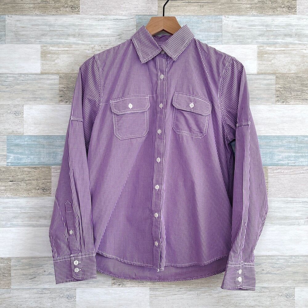 Lands End Gingham Utility Shirt Purple White Button Down Casual Womens Small 6 8